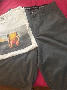 Rip Curl Gray Shorts with Red Waistband Detailing and White Reef Tshirt